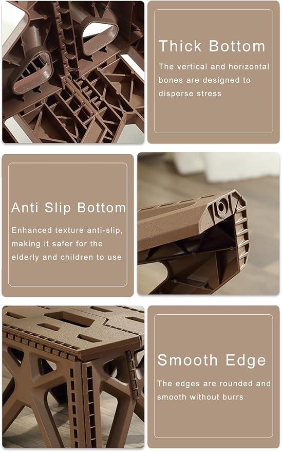 Folding Step Stool Holds 440 lbs - 9" Sturdy Foldable Step Stool with Non-Slip Base, Space Saving for Kitchen, Bathroom, Camping (Brown)