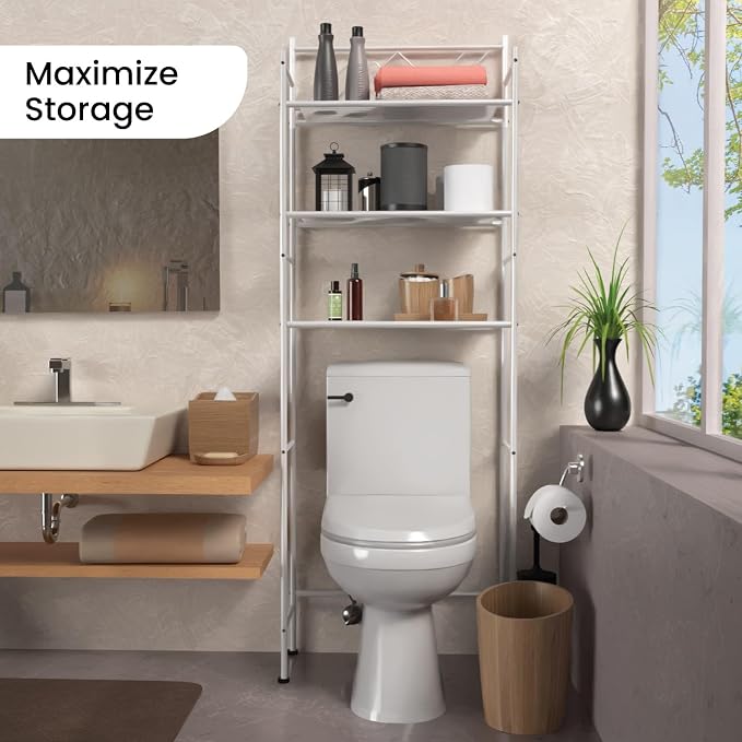 Home Zone Living Over-the-Toilet Bathroom Storage Organizer with 3-Tier Shelves and Adjustable Feet, Freestanding Steel Frame Design, White