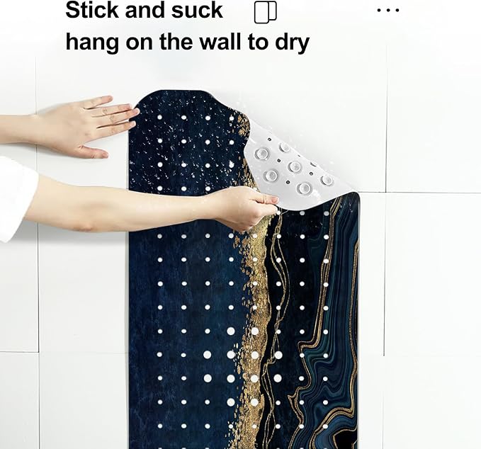 LNOND Marble Bath Tub Mat Non Slip, Extra Long 40 X 16 Inch Anti Slip Mat for Bathtub, Blue Luxury Marble Shower Mat with Drain Holes and Suction Cups, Machine Washable