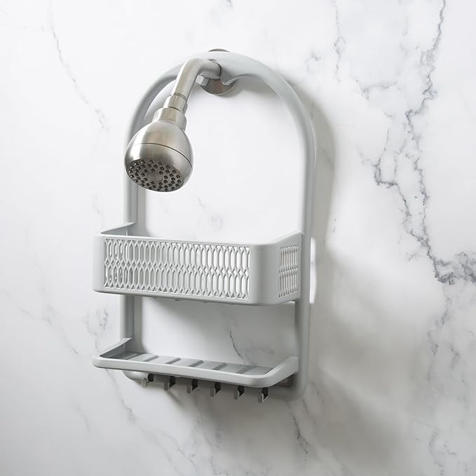 Bath Bliss Molded Shower Caddy | Bathroom Storage | Hangs Over Shower Head | 6 Accessory Hooks | Holds Razors | Washcloths | Accessories | Suction Cup Stability | Grey