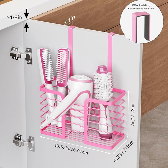 YIGII Pink Hair Dryer Holder, 3 Sections Organizer for Hair Tools, Wall Mounted/Cabinet Door Straightener Holder, Adjustable Height Metal Dryer Curling Iron Organizer