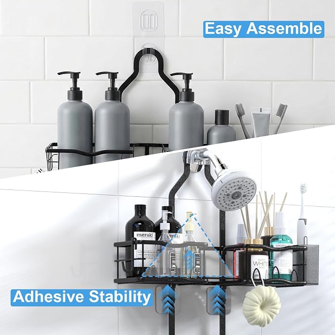 Shower Caddy Hanging Organizer, Rustproof Shower Organizer Hanging for Handheld Showerhead with Hooks for Razor/Sponge, Bathroom Caddy Rack Shower Shelves for Shampoo Soap Towels, Black