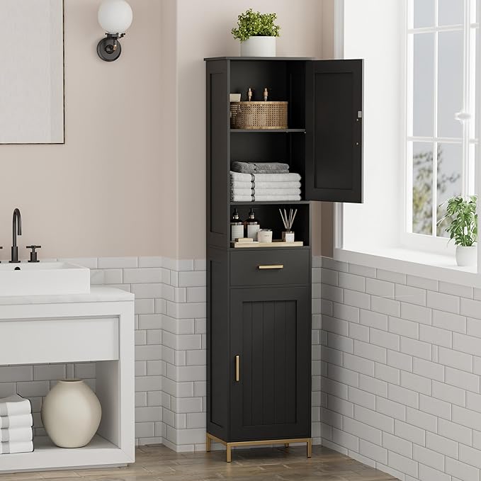 Homhedy 67" H Bathroom Storage Cabinet, Tall Storage Cabinet with Adjustable Shelves, Freestanding Cabinet with Doors and Drawer, Narrow Cabinet for Bathroom, Living Room, Kitchen, Dining Room, Black