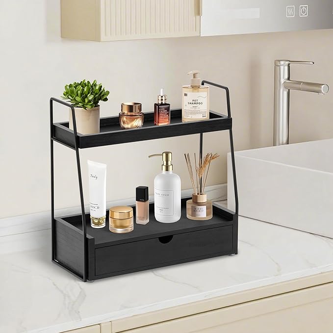 2-Tier Bathroom Organizer Countertop with Drawer, Wood Counter Organizer for Bathroom Decor, Sink Shelf for Vanity Storage, Makeup Tray for Perfume Skincare, Spice Rack Bedroom Kitchen Corner