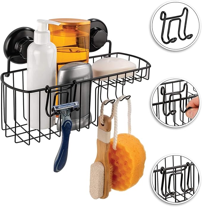 HASKO Shower Caddy Suction Cup, Shower Shelf with Soap Dish and Hooks Organizer, Suction Bathroom Shelf for Storage, Wall Mounted Basket, Black