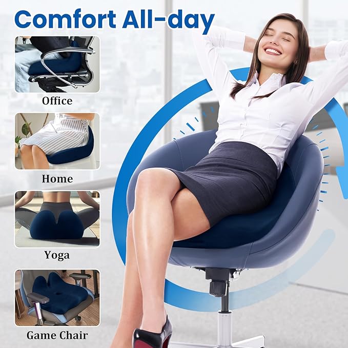 CushZone Seat Cushion, Memory Foam Office Chair Seat Cushion for Office Chairs/Car/Long Trip/Desk Chair/Gaming, X-Large Size for Sciatica & Hip & Tailbone Pain Relief, Sciatica Support (Blue)