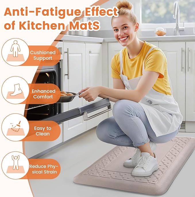 4/5 Inch Thicker Kitchen Mats for Floor Non-Slip Anti Fatigue Comfort Mat Waterproof Kitchen Rug for Sink, Office,Home Stain Resistant Standing Desk Rugs-17.3"x 28", Khaki