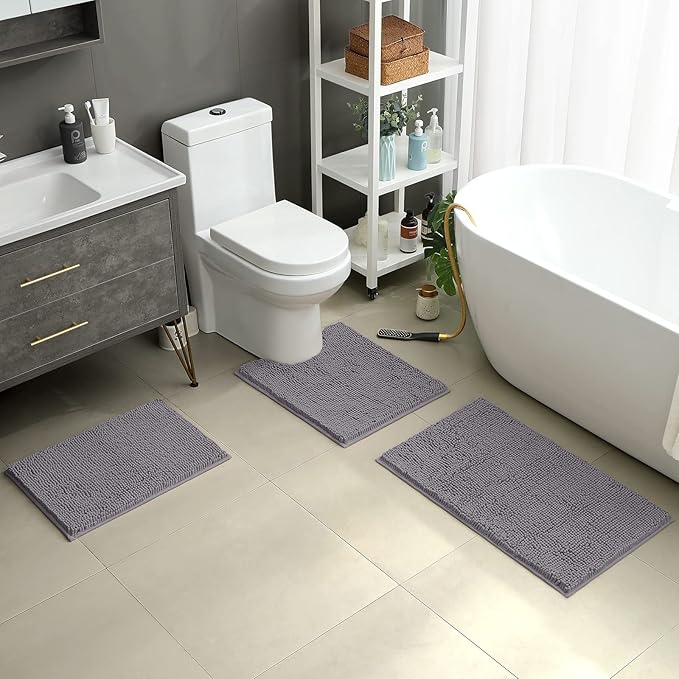 HOMEIDEAS 3 Pieces Bathroom Rugs, Soft Thick Absorbent Chenille Bath Mats, Washable Non-Slip Floor Rugs for Shower & Bath, Grey