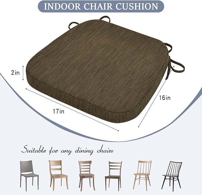 baibu Kitchen Chair Cushions, Dual-Layer Patented Design Molded Memory Foam Dining Chair Pads with Ties and Washable Cover, 17" x 16" x 2", Brown