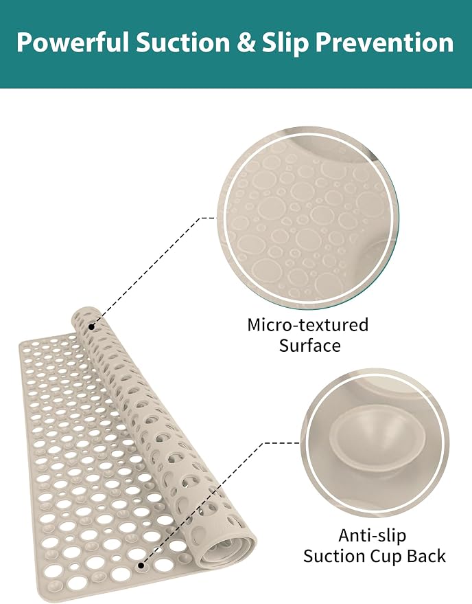 Extra Large Shower Mat, Yonala 47 x 32 Inch Non Slip Shower Mats for Inside Shower, Soft TPE Shower Floor Mat with Suction Cups and Drain Holes, Machine Washable Bathroom Shower Mat, Easy to Clean