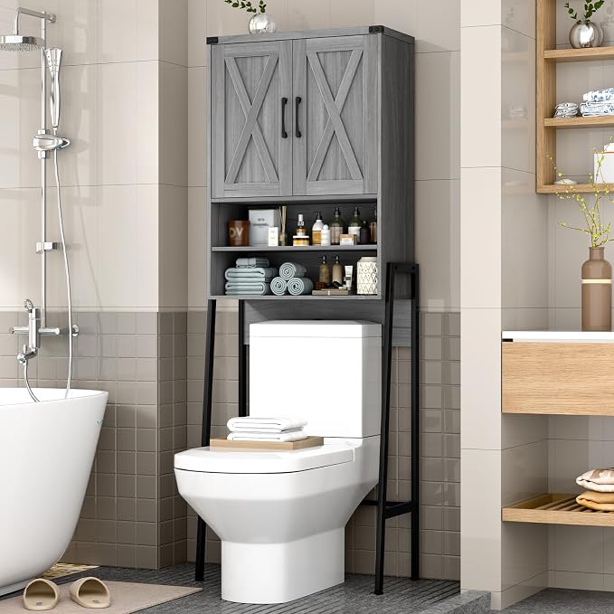 Vabches Over The Toilet Storage Cabinet, Farmhouse Over Toilet Storage Cabinet, Metal Frame with 2 Barn Doors, Home Space-Saving Toilet Rack for Bathroom, Toilet, Laundry Room.