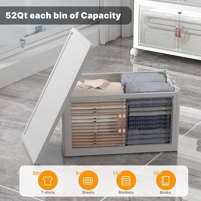 UAMFURI Stackable Storage Bins with Lids, 156QT Closet Organizers and Storage with Doors and Wheels, Extra Large Storage Cabinet, Collapsible Plastic Drawers for Bedroom Dorm Office Garage