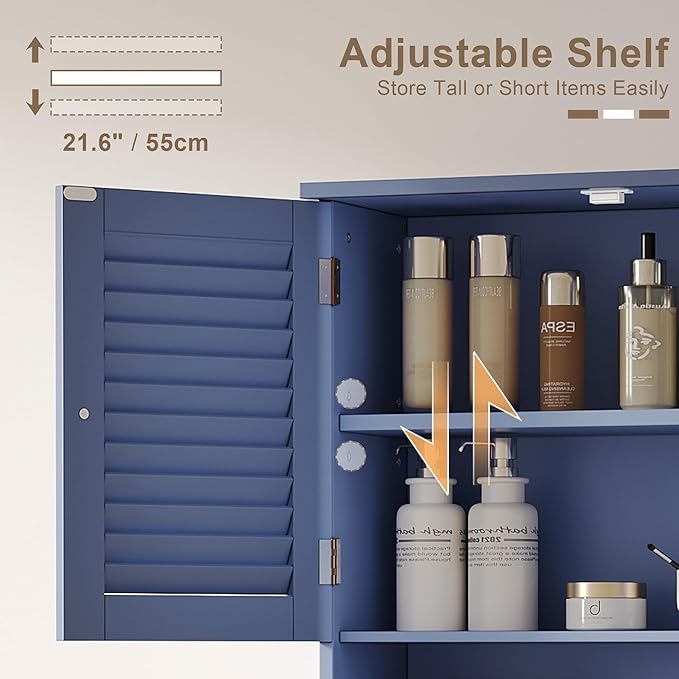 ChooChoo Bathroom Wall Cabinet with Towels Bar, 23.6" L x7.9 W x27.5 H MDF Material Medicine Cabinet, 2 Doors Over The Toilet Space Saver Storage Cabinet with Large Space, Navy Blue