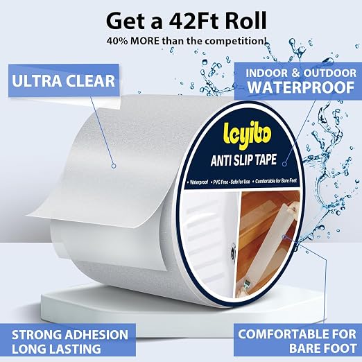 Anti Slip Tape Clear Waterproof Outdoor/Indoor, 4" x 42Ft Non Slip Traction Grip Tape for Bathtubs, Boats, Stairs, Pools, Transparent, Soft, Comfortable for Bare Feet (4" X 42')