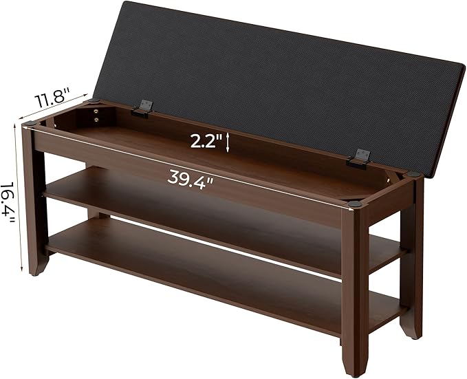 Homleke Shoe Rack Bench with Flip-Top Storage, Solid Wood Entryway Bench with Cushion, Adjustable Shelf, for Hallway, Mudroom, Closet – Walnut, 39.4"