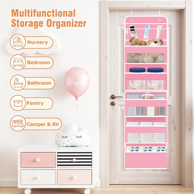 WISELIFE Over the Door Organizer - 6 Shelves Detachable Hanging Bedroom Storage Solution with 5 Large Pockets and 3 PVC Pockets for Dorm Bathroom, Pantry Nursery Baby Essentials (Pink)
