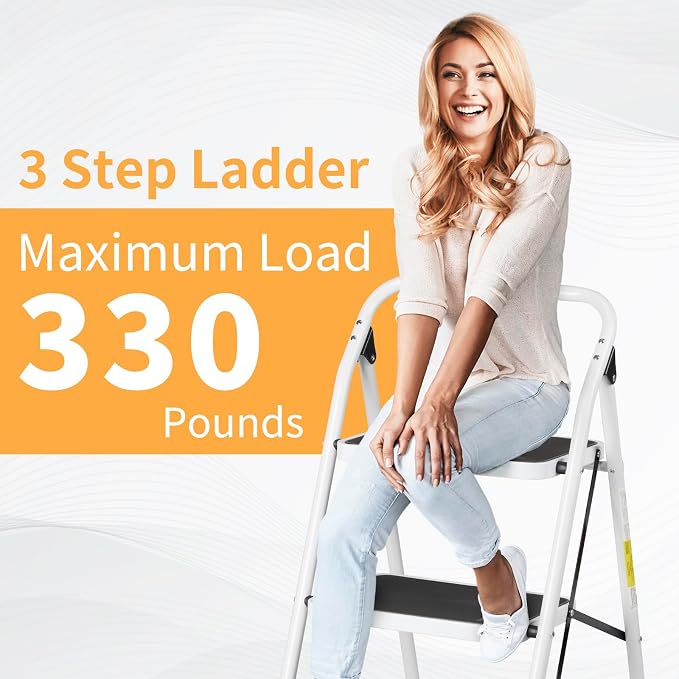 Winado 3 Step Ladder, Folding Step Stool with Wide Anti-Slip Pedal, Lightweight Convenient Handgrip Sturdy Steel Ladder, Portable Steel Step Stool 330 LB Capacity