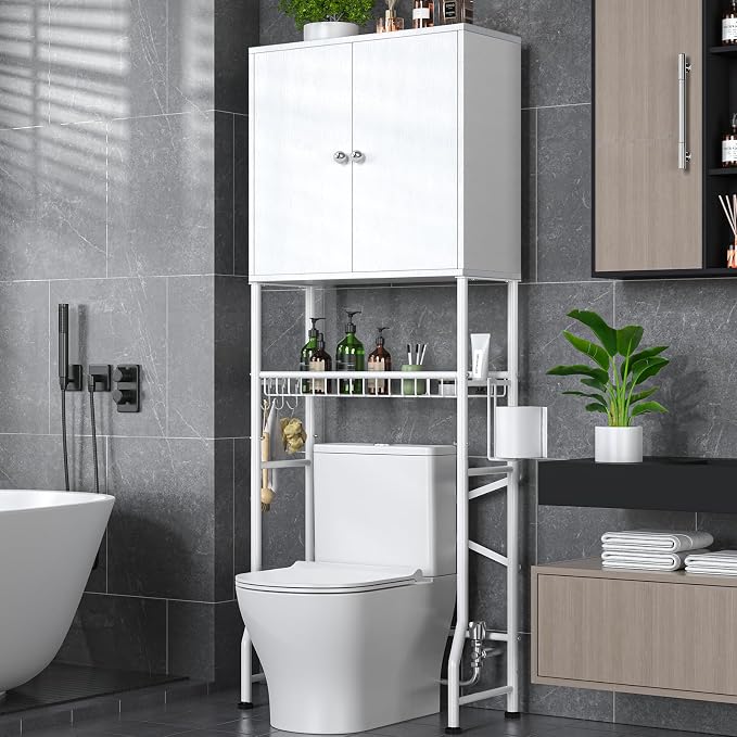 Over The Toilet Storage Cabinet - 2-Door Design Bathroom Organizers Shelf, Freestanding Space-Saver Above Toilet Storage Cabinet with Privacy Protection Rack, Water-Resistant Toilet Shelves (White)