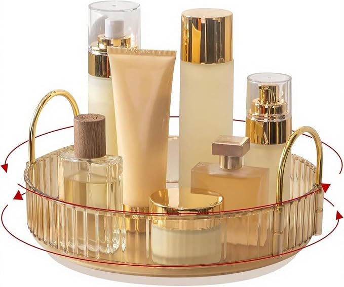 INVSSENE 360° Rotating Makeup Organizer, Bathroom Make Up Spinning Holder Rack, Large Capacity Cosmetics Storage Vanity Shelf Countertop, Fits Cosmetics, Perfume, Skincare, Lipsticks(1 Tier, Yellow)