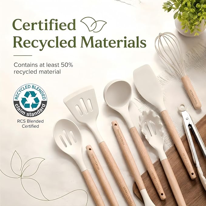 Silicone 10 Pcs Kitchen Cooking Utensils Set, Recycled Materials Certification, BPA Free Spatula Set with Heat Resistant Wood Handles for Nonstick Cookware, Cream White