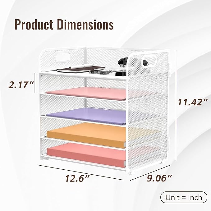 Supeasy 5 Trays Paper Organizer Letter Tray with Handle-Mesh Desk File Holders, Paper Sorter Desk Organizer for Office, Home, Classroom or School, White