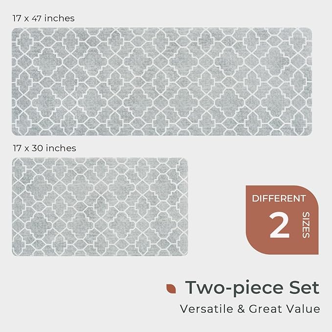 FRESHMINT Kitchen Mat Set of 2, Anti-Fatigue Cushioned Kitchen Mats for Floor, Waterproof Non Slip Comfort Standing Mat, Boho Kitchen Rug for Kitchen Decor, Sink, Office, 17"x30"+17"x47", Stone Gray