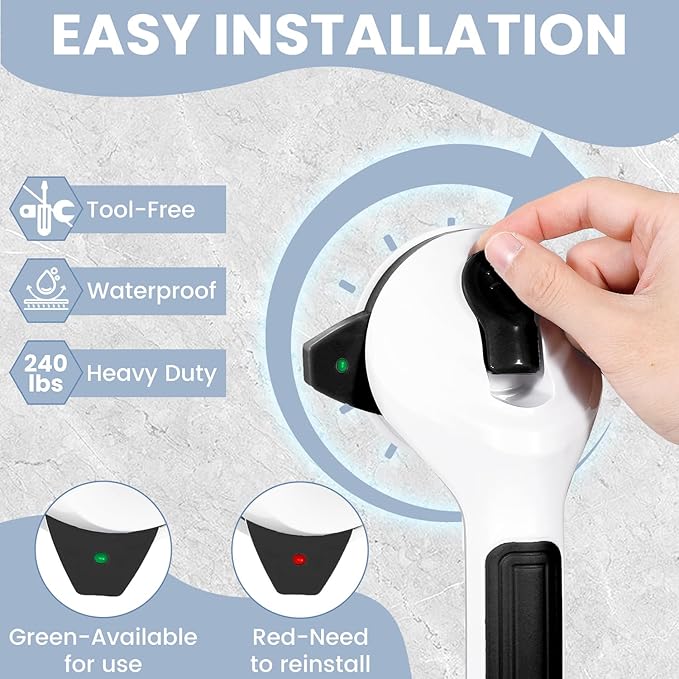 Grab Bars for Shower, 16.5 Inch Shower Handle with Safety Indicators, Suction Cup Bathroom Grab Bar for Elderly, Seniors, Handicap - No Drill, Waterproof, Removable (2 Pack), Black White