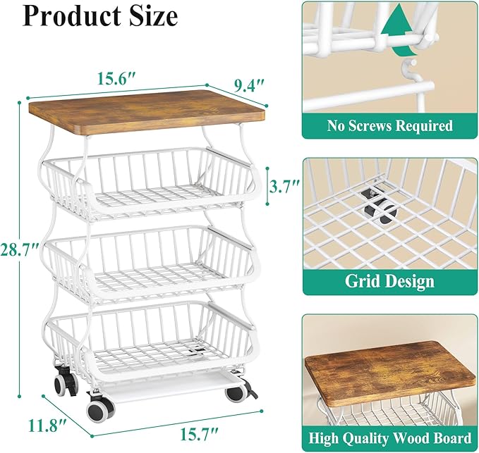 SAYZH Fruit Basket Kitchen Pantry Organizers and Storage - Wooden Top Table, Stackable Metal Wire Basket Stand Cart for Fruit Vegetable Snacks Onion Potato Organization (White, 4 Tiers)