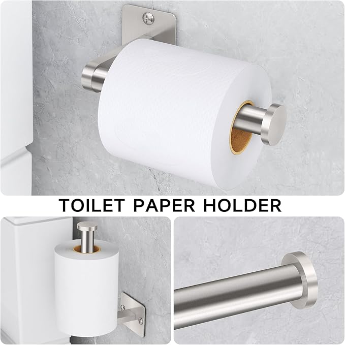 KLJKPA Brushed Nickel Bathroom Accessories Set, 4 Pieces Bathroom Hardware Set, 16 inch Towel Bar, Towel Racks for Bathroom, Robe Towel Hooks, Toilet Paper Holder Wall Mounted