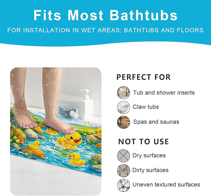 XIYUNTE Baby Bath Mat for Tub Non Slip Kids, BPA Free Extra Long Bathtub Mat 40x16 with Drain Holes and 200 Suction Cups, Non Toxic Machine Washable Toddler Bath Mat, Eco-Friendly Certified