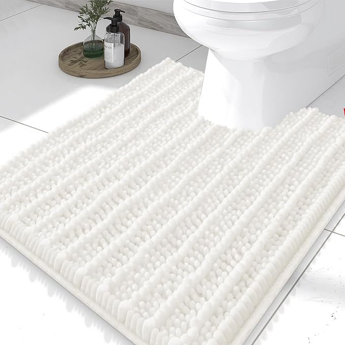 Smiry Bathroom Toilet Rugs U Shaped 24x20, Extra Soft Absorbent Non Slip Rubber Backing Chenille Contour Bath Rugs for Toilet, Machine Washable Contoured Bath Mats, Ivory