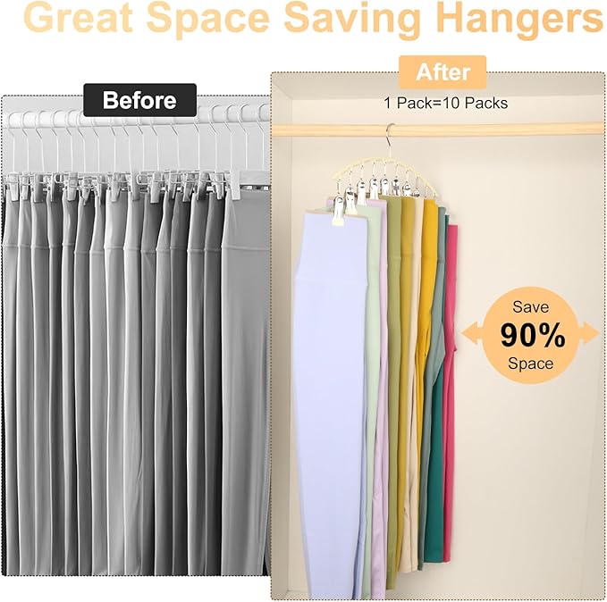 Volnamal Legging Organizer for Closet, Metal Yoga Pants Hangers 4 Pack w/10 Clips Holds 40 Leggings, Space Saving Hanging Closet Organizer w/Rubber Coated Closet Organizers and Storage, Ivory