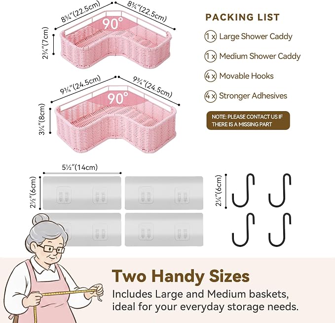 GRANNY SAYS 2 Pack Wicker Corner Shower Caddy Hanging, Shower Shelf for Inside Showers, Adhesive Shelves for Bathroom Organizers and Storage, Bathroom Shelves Wall Mounted with 4 Hooks for Decor, Pink