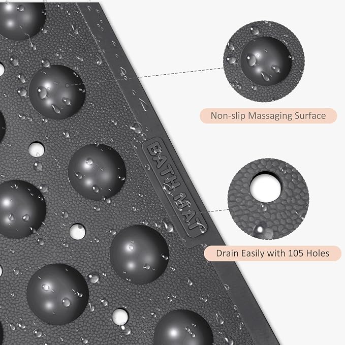 WarmSnow Non Slip Shower Mats for Inside Shower 15 x 27.5 Inch, TPE Bathtub Mat Non-Slip, Bath Mat for Tub with Suction Cups, Drain Holes Bath Tub Mat for Bathroom, Dark Gray