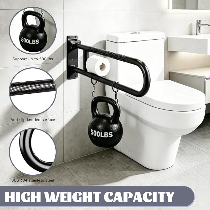 30.3 Inch Toilet Grab Bar, HUAS Black Anti Slip Bathroom Toilet Safety Rails, U Shaped Flip-Up Handicap Grab Bars w/Paper Holder, Stainless Steel Support Handrail for Elderly Disabled Senior