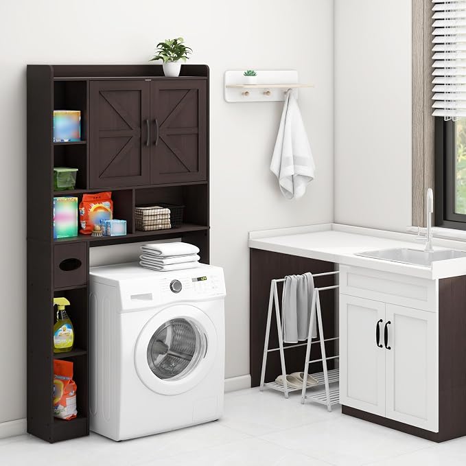Vabches Over The Toilet Storage Cabinet, Farmhouse Storage Cabinet Over Toilet with 2 Barn Door & Toilet Paper Holder Stand，Home Space-Saving Toilet Rack, for Bathroom, Restroom, Laundry