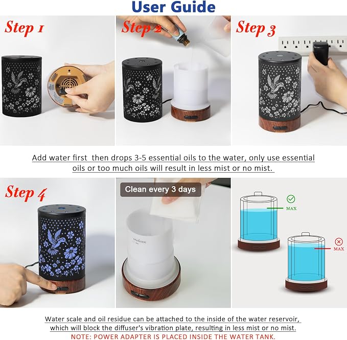 EQUSUPRO Essential Oil Diffuser 150ml Black Metal Aromatherapy Oil Diffuser Ultrasonic Cool Mist Diffuser with Auto Shut-Off Protection,7 Colors Changed LED for Home Office SPA Yoga