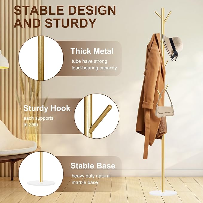 Coat Rack, Metal Freestanding Coat Rack with 8 Hooks, Sturdy Coat Tree with Natural Marble Base for Coats, Hats, Scarves and Handbags for Entryway, Hallway, Bedroom, Office,Dorm (Gold)