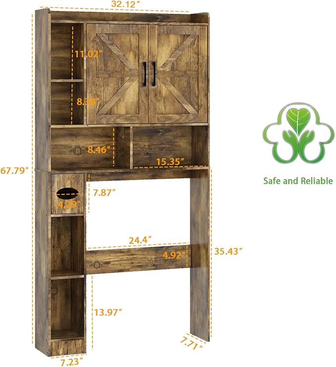 Vabches Over The Toilet Storage Cabinet, Farmhouse Storage Cabinet Over Toilet with 2 Barn Doors & Toilet Paper Holder Stand，Home Space-Saving Toilet Rack, for Bathroom, Restroom, Laundry.