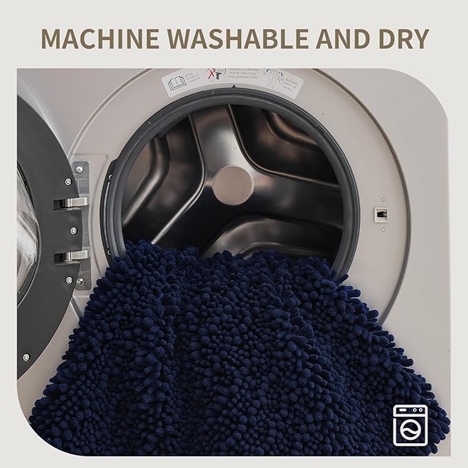 Toilet Rugs U-Shaped Mat 24x24, Contour Bathroom Mat - Ultra Soft & Absorbent Chenille, Quick-Dry, Machine Washable with Non Slip Barrier Backing, Navy Blue