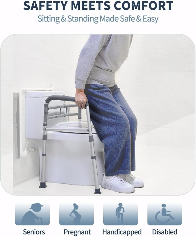 Toilet Safety Rails, Height-Adjustable, Foldable, Tool-Free Assembly, for Elderly, Seniors, Handicap & Disabled, 350 lbs Capacity