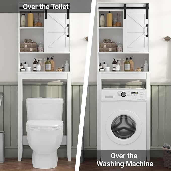 Over The Toilet Storage Cabinet, Bathroom Organizer with Adjustable Shelves and Anti-Tip Device, Space-Saving Storage Solution, White