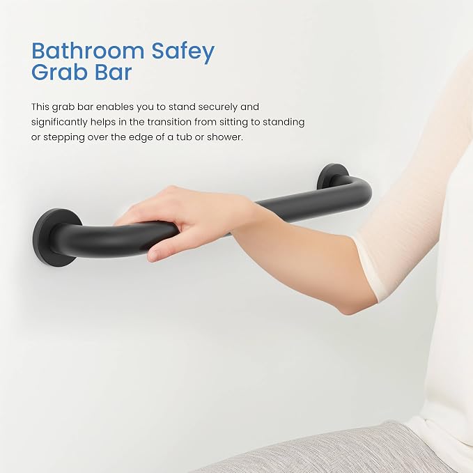 KIBI 12 Inch Stainless Steel Bathroom Safety Grab Bar | Curved Shaped Grab Bar for Bathtubs and Showers, Shower Safety Grab Bars for Seniors, Wall Mounted Anti-Slip Support (Matte Black, KGB1012)