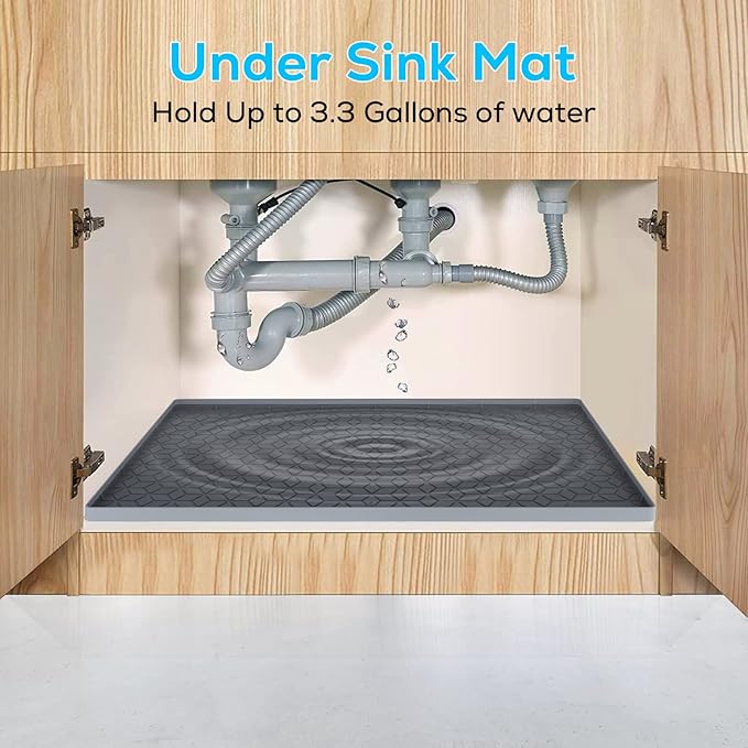Under Sink Mat for Kitchen, Silicone Waterproof Liner, Flexible Organizer Tray with Drain Hole, 3.3 Gallons Capacity, Easy to Clean (Gray, 28x19)