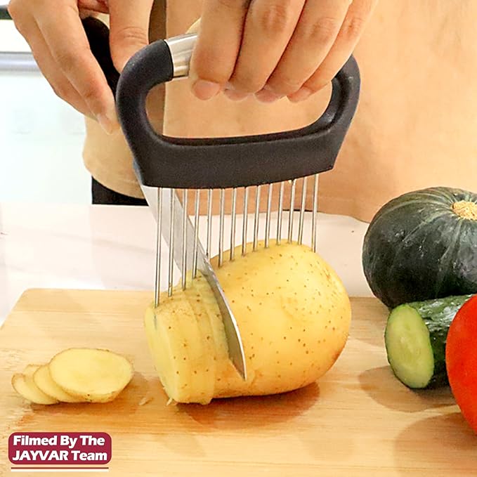 JAYVAR Large Onion Holder for Slicing, 3Pieces Large Tomato Slicer,304 Stainless Steel Onion Chopper Vegetable Cutter for Potato Lemon, Meat Tenderizer Tool, Kitchen Food Slicer Guide for Neat Slicing