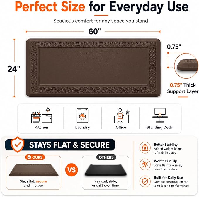 24 x 60 Inch Extra Support Anti Fatigue Comfort Kitchen Mat, Waterproof Long Kitchen Runner, Non-Slip Standing Desk Mat, Commercial Pads for Offices, Home, Garages (Bordeaux Coffee, 24'' x 60'')