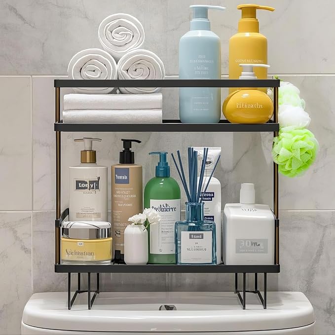 ShellKingdom Over The Toilet Storage Shelf, 2 Tier Toilet Paper Holder Stand Shelves, Punch-Free Bathroom Storage Rack with 2 Hooks, Small Space Organizers for Bathroom, Home, Countertop, Black