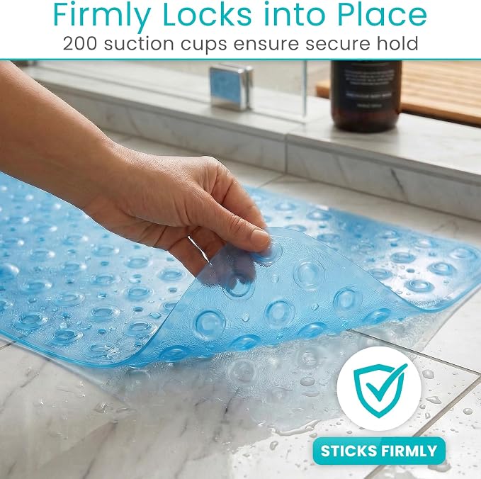 Vive Bathtub Mat for Bath & Shower Floors - Anti Non Slip Suction Rubber Skid Pad for Tub, Bathroom, Elderly, Kids - Eco-Friendly, Resistant Strong, Textured Rectangle Grip - Machine Washable (Blue)
