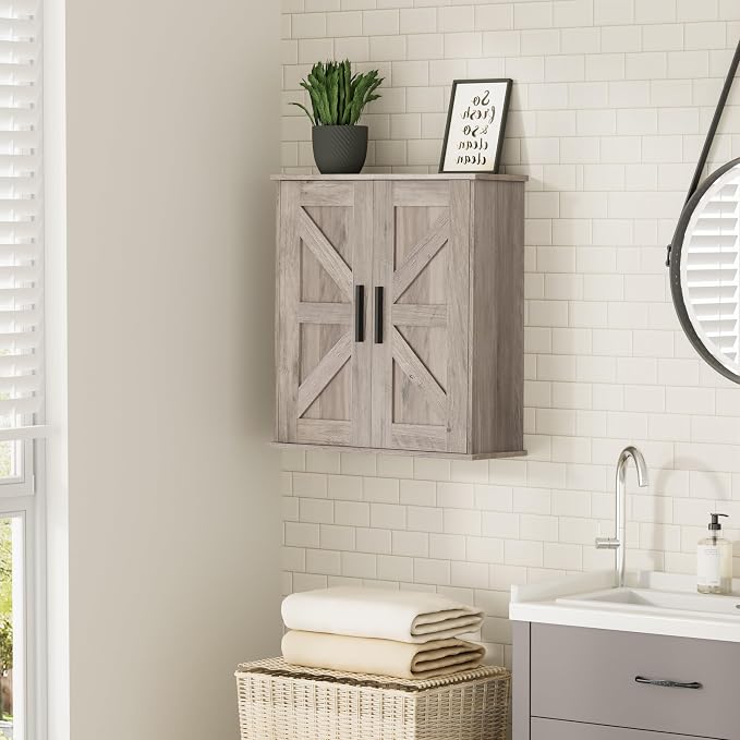 Homleke Bathroom Wall Cabinet, Over Toilet Storage Cabinet with Barn Doors and Adjustable Shelves, 3-Tier Medicine Cabinet Wall Mounted, for Bathroom, Kitchen, Entryway, Laundry Room, Greige, (7.9" D)