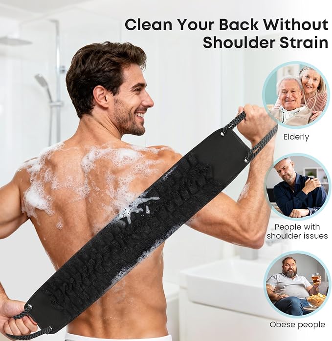 eaxun Back Scrubber with Handles for Shower, Wider 40 Inches Dual-Sided Back Washer with Exfoliating Texture and Loofah for Men, Women and Elderly, Bath Back Exfoliator Body Cleaner for Deep Cleansing